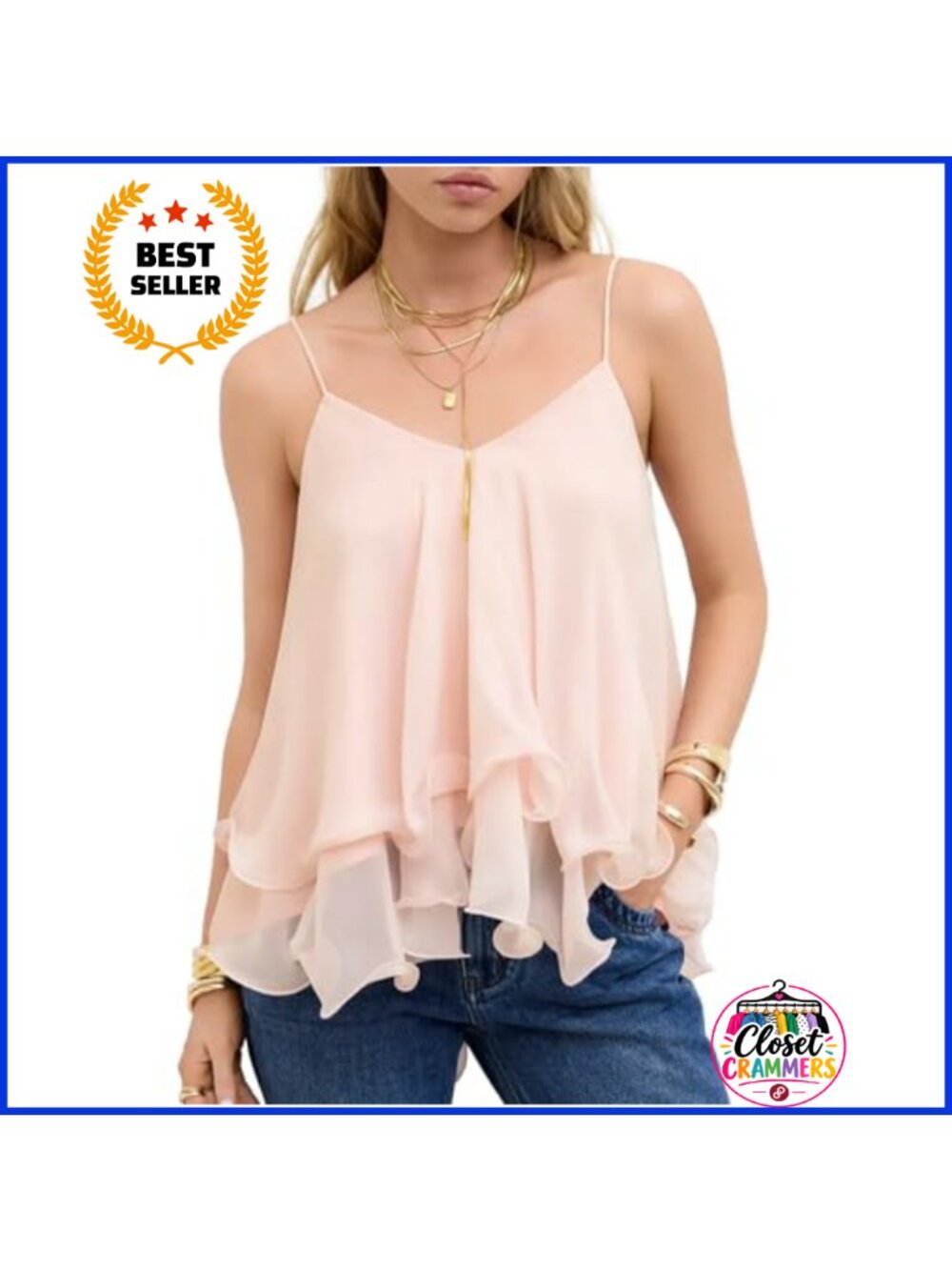 Flowy Chiffon Ruffle Layered Halter Tank Top Spaghetti Strap V-Neck